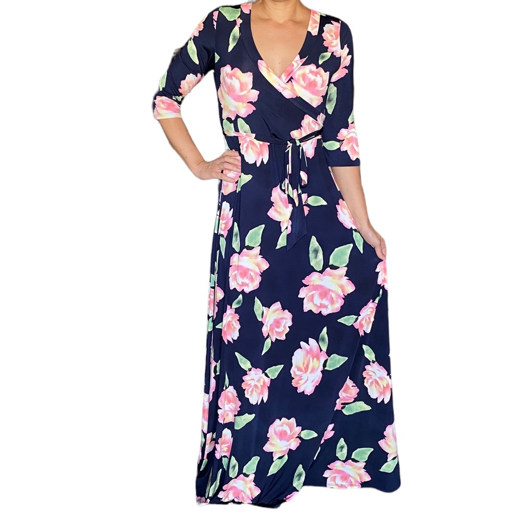 Floral 3/4 Sleeve Faux Wrap Maxi Dress Size Medium - Picture 1 of 6